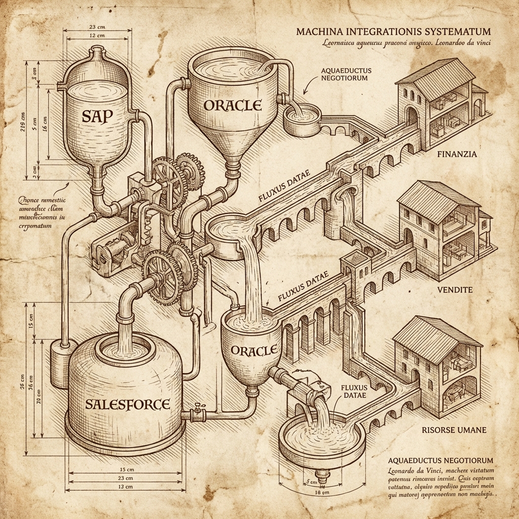 Da Vinci illustration — AI layer over SAP Oracle Salesforce